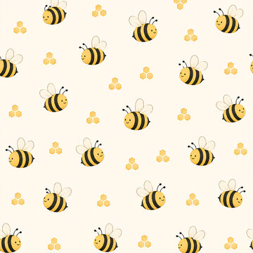 Cute Bumble Bee Pattern with Honeycomb on Cream Background