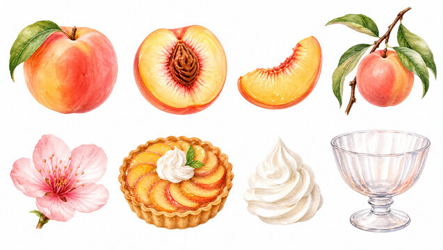 Watercolor peach fruit clipart set with tart and blossom. Illustration isolated on white for recipe design