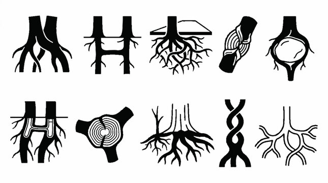 A collection of ten distinct black and white icons representing various root systems and botanical structures.