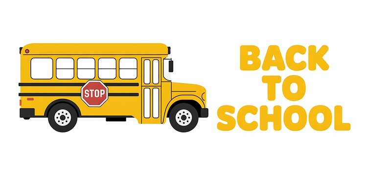 Yellow school bus illustration with back to school text isolated on a white background