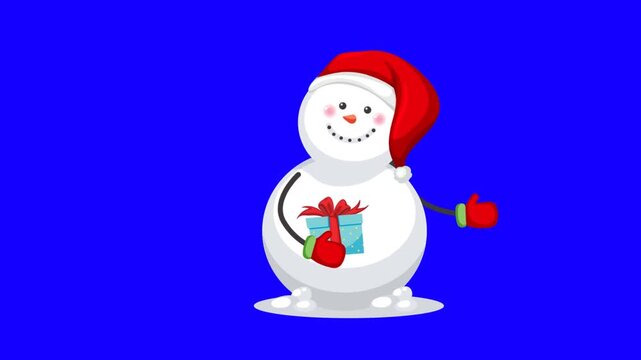Cute animated snowman wearing a Santa hat holding a gift box on blue screen