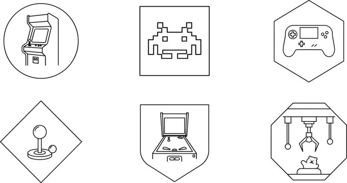 Arcade Gaming Icon Vector Set with Retro Arcade Machine, Joystick, Game Controller, Claw Machine, and Pixel Game Symbols Outline Collection