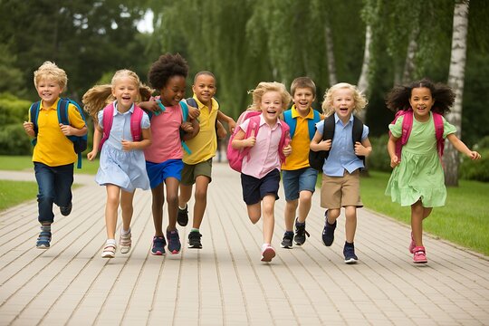 A group of happy diverse elementary school children running together outdoors on a path after school