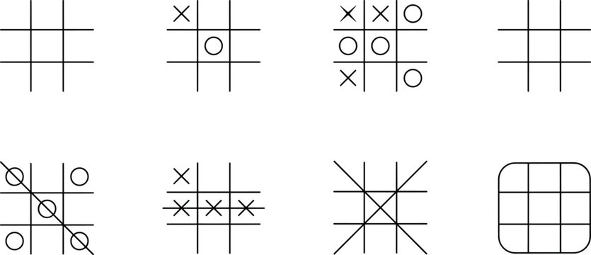 Tic Tac Toe Game Grid Outline Icon Set Featuring Winning Patterns Strategy Board Game Symbols and Minimal Line Design Collection