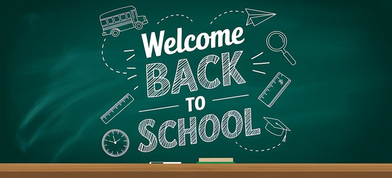 Welcome back to school text written in white chalk on a green chalkboard with hand drawn school icons