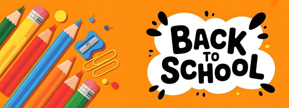 Back to school background with colorful pencils and stationery items on a bright orange surface for education