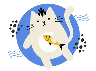 Cute white cat holding yellow fish minimalist flat vector illustration.
