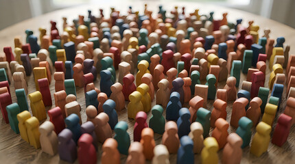 Obraz premium Large group of colorful wooden people figurines representing social diversity