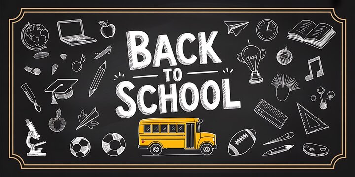 Back to school chalkboard background with a yellow school bus and various educational hand drawn doodles