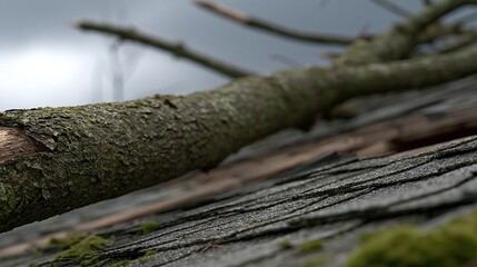 Fototapeta premium Fallen Tree Branch on Shingled Roof Surface After Storm Damage, Outdoors