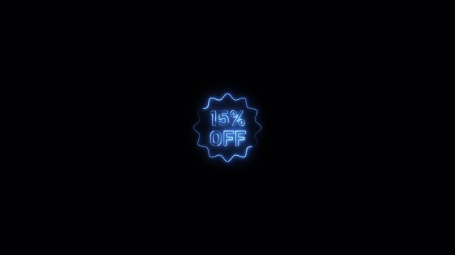 15 Percent off neon discount motion graphics on black background. 