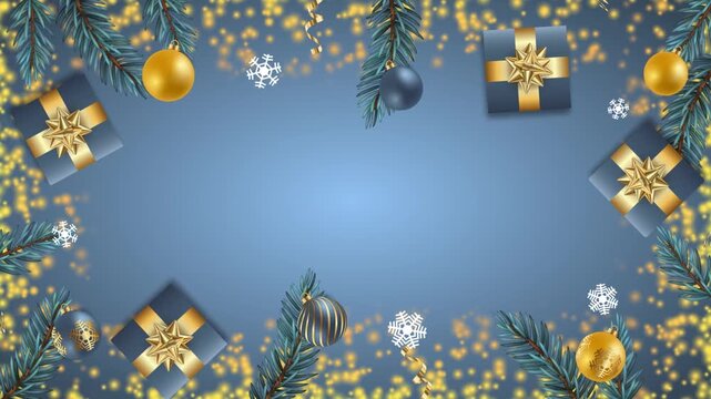 Elegant Blue and Gold Christmas Frame Animation with Gift Boxes and Fir Branches