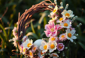 Fototapeta premium Easter wreath with flowers and egg in nature