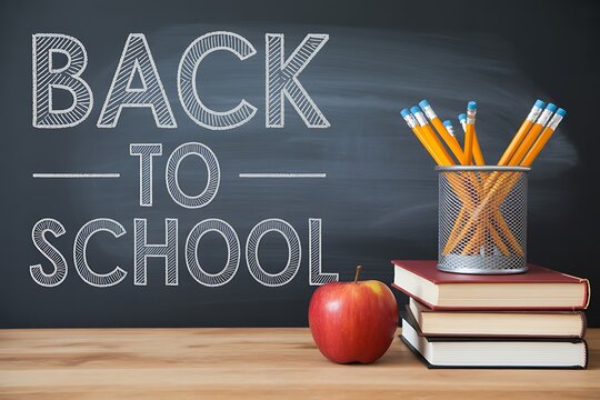Back to school concept with pencils in a holder books and a red apple on a wooden desk