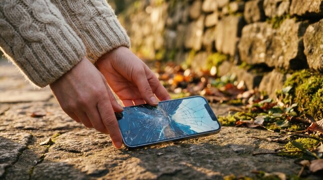 Hands reaching for a fallen smartphone with shattered screen glass