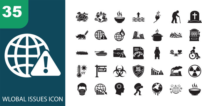 Global issues web icon set featuring climate, peace, health, equality, and sustainability symbols.