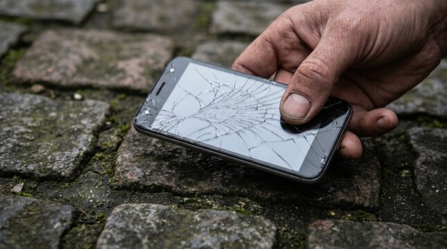 Man picking up a broken smartphone with cracked screen on stone street