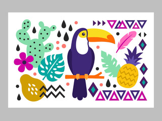 Fototapeta premium Colorful Tropical Toucan Vector Illustration with Pineapple, Cactus, and Geometric Tribal Patterns