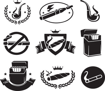 Set of smoking related emblems and badges vector illustration with cigarette