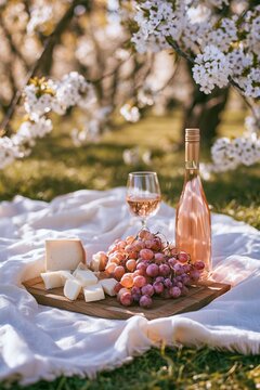 Cheese, grapes and rose wine are arranged on a white picnic blanket beneath blossom trees. Romantic spring leisure combines outdoor dining with gentle seasonal beauty.