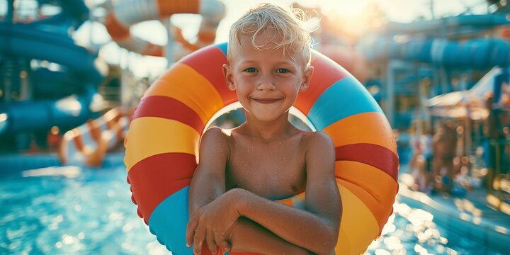 Cheerful child carries a colorful pool float near waterpark slides. Summer recreation and confident anticipation before active water play.