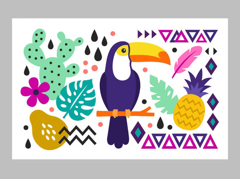 Colorful Tropical Toucan Vector Illustration with Pineapple, Cactus, and Geometric Tribal Patterns