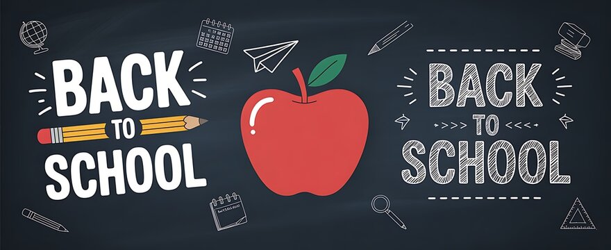 Back to school banner with a red apple and chalk style typography on a black chalkboard background