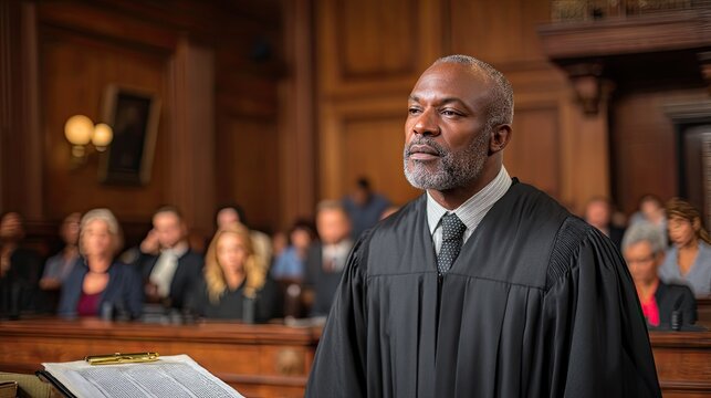 A distinguished Black man, likely a judge, stands in a grand courtroom.