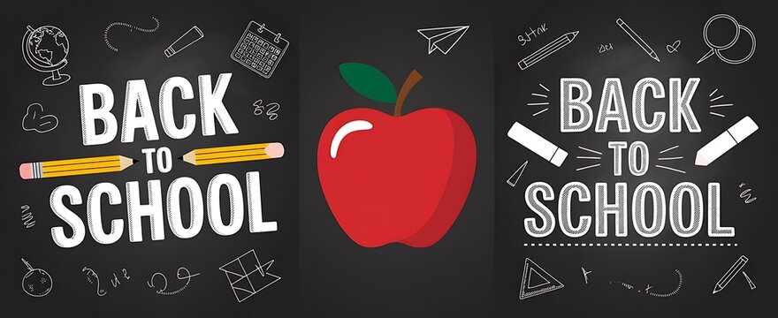 Back to school concept with a red apple and chalk style typography on a black chalkboard background
