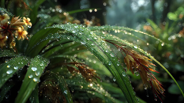 Fresh tropical rainforest leaves sparkling morning dew macro nature Images