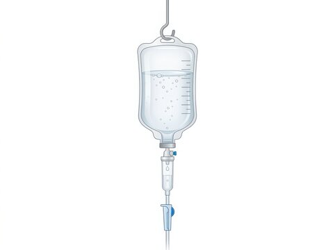Medical iv drip bag with saline solution hanging on a hook for hospital patient treatment and intravenous therapy illustration