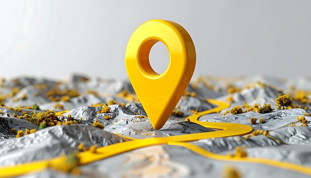 3D yellow map pin marker on a stylized topographic map with winding roads, signifying location and travel