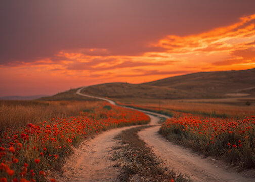 Poppies field sunset background. Blooming red poppy fields  landscape in the backdrop. Red poppies. Landscape of a poppy field. Panorama of poppies