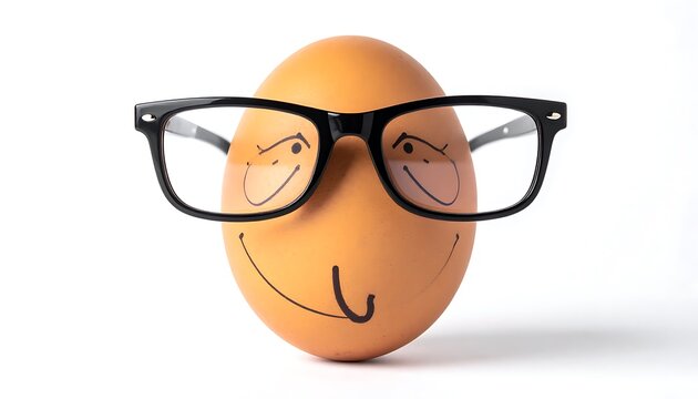 A brown egg with a drawn face and glasses, appearing intelligent, isolated on white