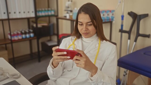 Woman doctor in a clinic building smiling and tapping a red smartphone with both hands, stethoscope visible; calm focus.