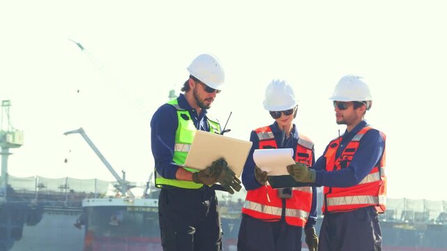 Team architects and engineers held meetings discussed ideas and worked outdoors on laptops inspecting construction sites such as ports and shipyards glasses safety helmets while working field.