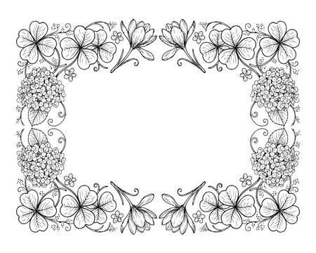 Hand drawn floral frame with clover leaves, hydrangea flowers and crocus buds isolated on white background