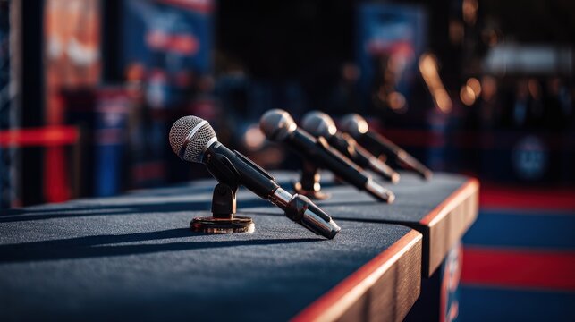 Professional microphones lined up on a podium ready for a press conference