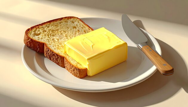 A slice of toast with a golden block of butter and a knife on a white plate, morning sunlight casting shadows