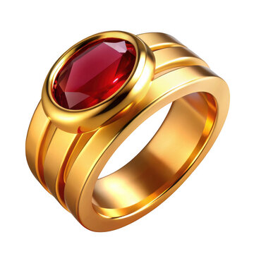 3d rendered golden ring with ruby gemstone isolated on transparent background