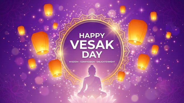 Vesak Day celebration with lanterns and meditating Buddha silhouette