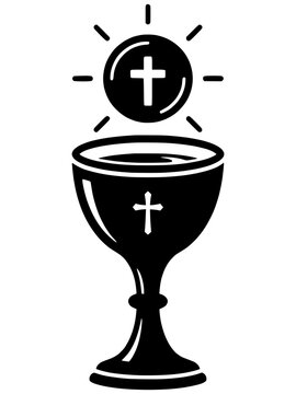 Communion chalice icon flat vector illustration cross host symbol black silhouette for catholic church eucharist rite design