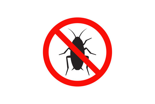 Pest control sign with cockroach silhouette, red prohibition symbol, insect ban vector