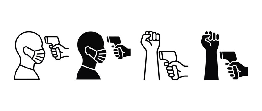 Infrared thermometer icon set, forehead and wrist body temperature check vector graphics