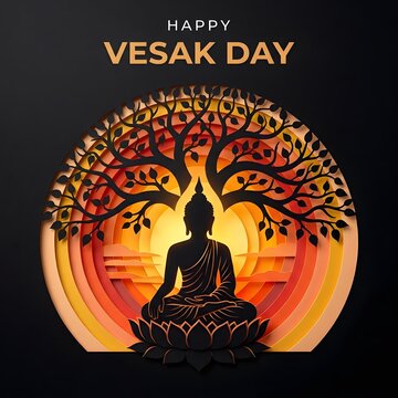 Buddha silhouette under tree for Vesak Day celebration design
