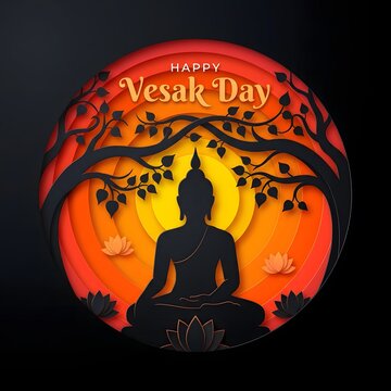 Colorful Vesak Day Greeting with Buddha Silhouette and Lotus Flowers