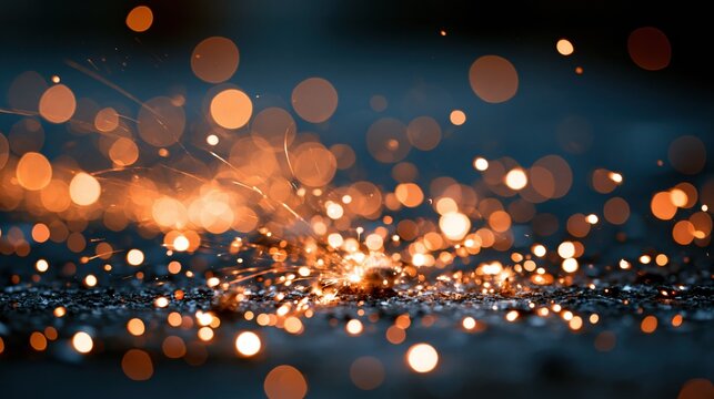 Close up of bright orange sparks and bokeh lights creating a magical, energetic atmosphere