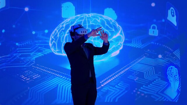 Business executive using virtual reality headset to explore artificial intelligence and immersive digital technology in a futuristic workspace