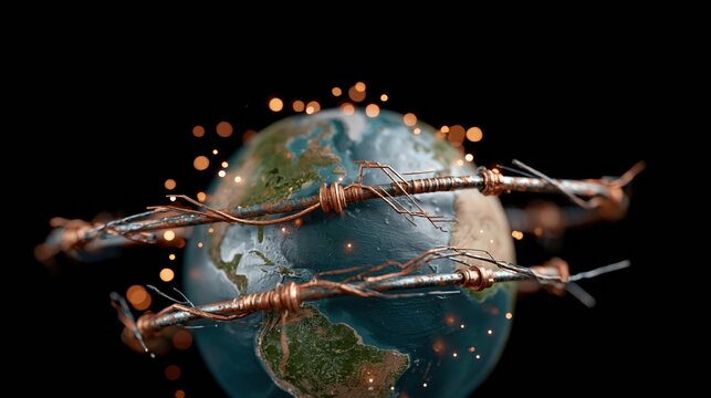 Earth globe entangled in barbed wire, symbolizing global restrictions and interconnected challenges