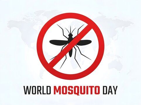 World mosquito day awareness poster with a red prohibition sign over a mosquito silhouette and a global map background